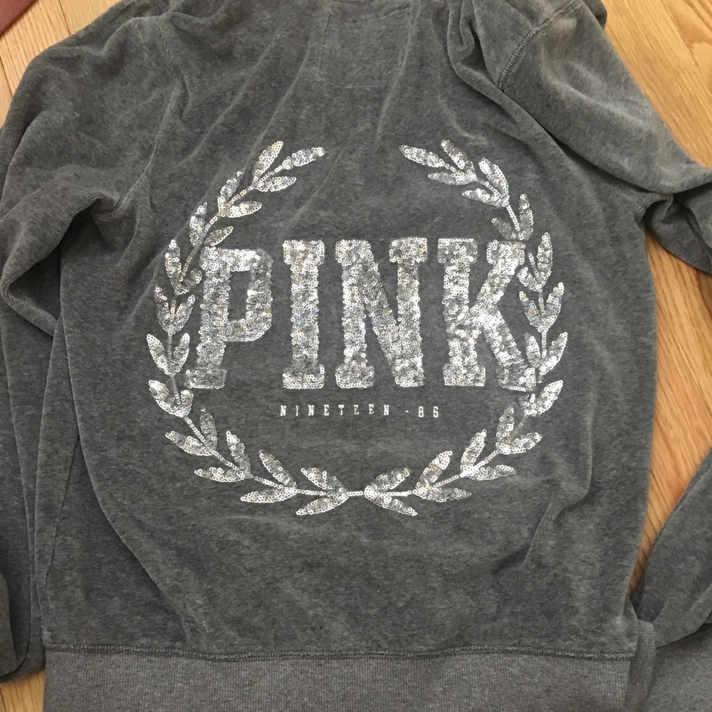 VS pink velour gray zip up
